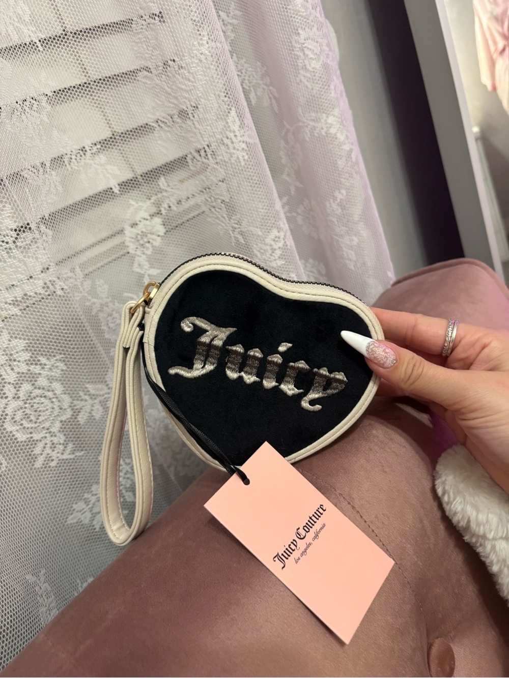 Juicy Couture Black Heart Wristlet with Cream Trim and Gold Logo